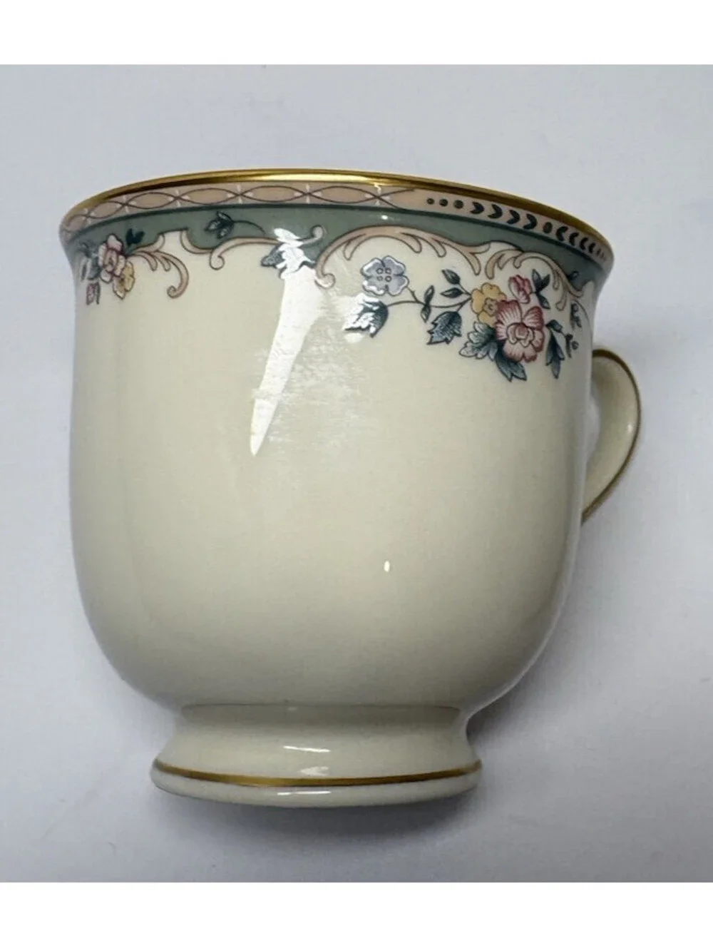 Pair Of Lenox Spring Vista USA Bone China Teacups Gold Rim Green Border